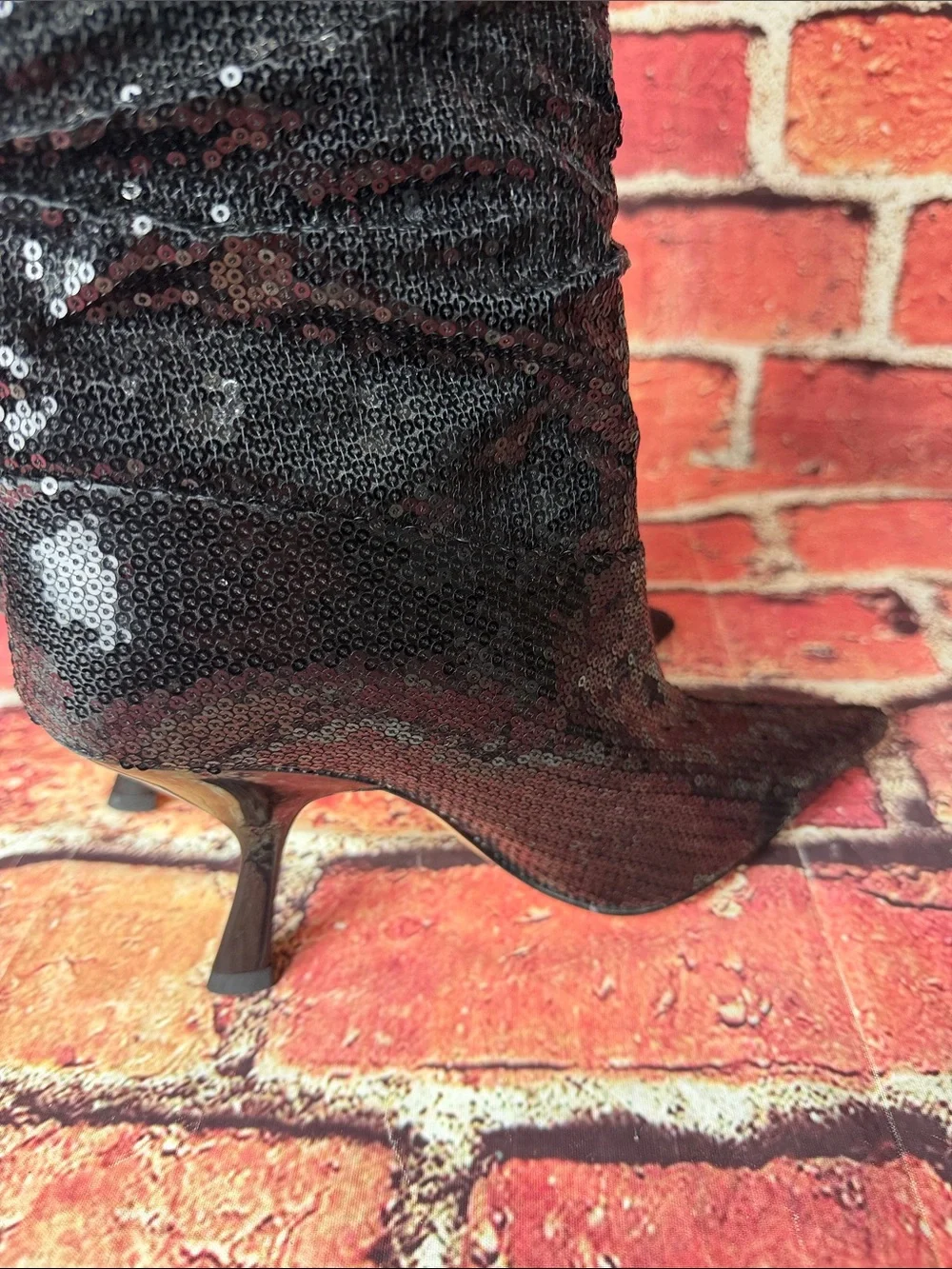 Black Sequin Knee-High Pointed Toe Heeled Boots - Women